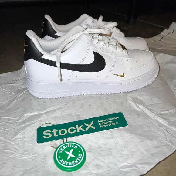 STOCK X: Nike Low Air Force 1 - Black White Gold Mini Swoosh - Picture 1 of 4